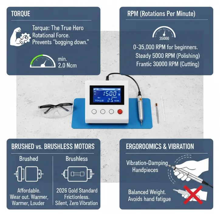 Infographic of micromotor specs: torque, 0-35,000 RPM, brushed vs brushless motors, and ergonomic vibration-damping.
