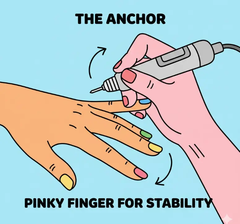 Using the pinky finger as an anchor for stability and control when using an electric nail file.
