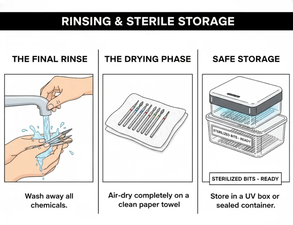 Final steps for nail bits: rinsing off chemicals, air-drying on a paper towel, and storing in a sterile UV box or container.
