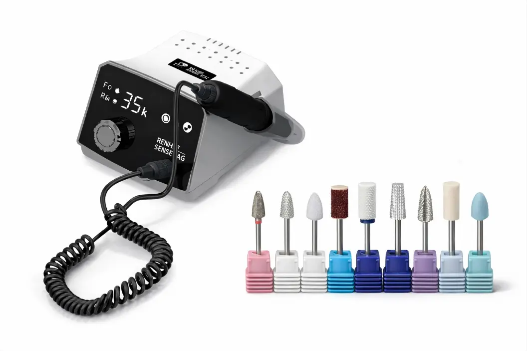 Professional electric nail drill machine with a digital display, alongside a set of 9 interchangeable bits.