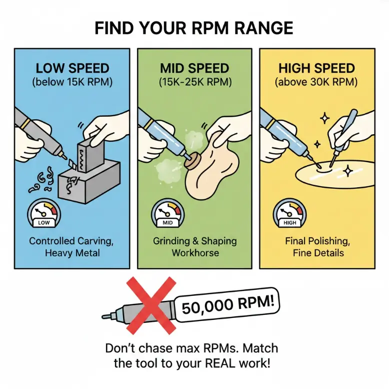 Guide for low, mid, and high-speed RPM ranges for controlled carving, shaping, and final polishing.