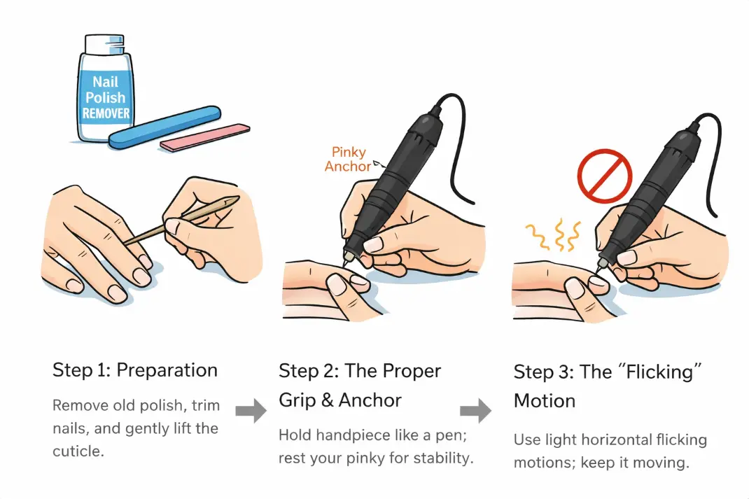 Illustrated 3-step tutorial on using a nail drill: preparation, proper pen grip, and light flicking motions.