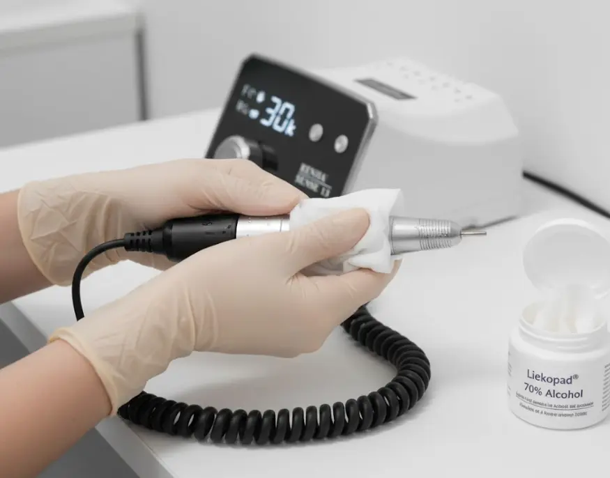 A technician using a 70% alcohol wipe to sanitize the electric nail drill handpiece between clients.