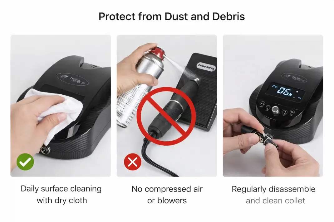 Guide on daily surface cleaning with dry cloth and regular collet maintenance for micromotors.