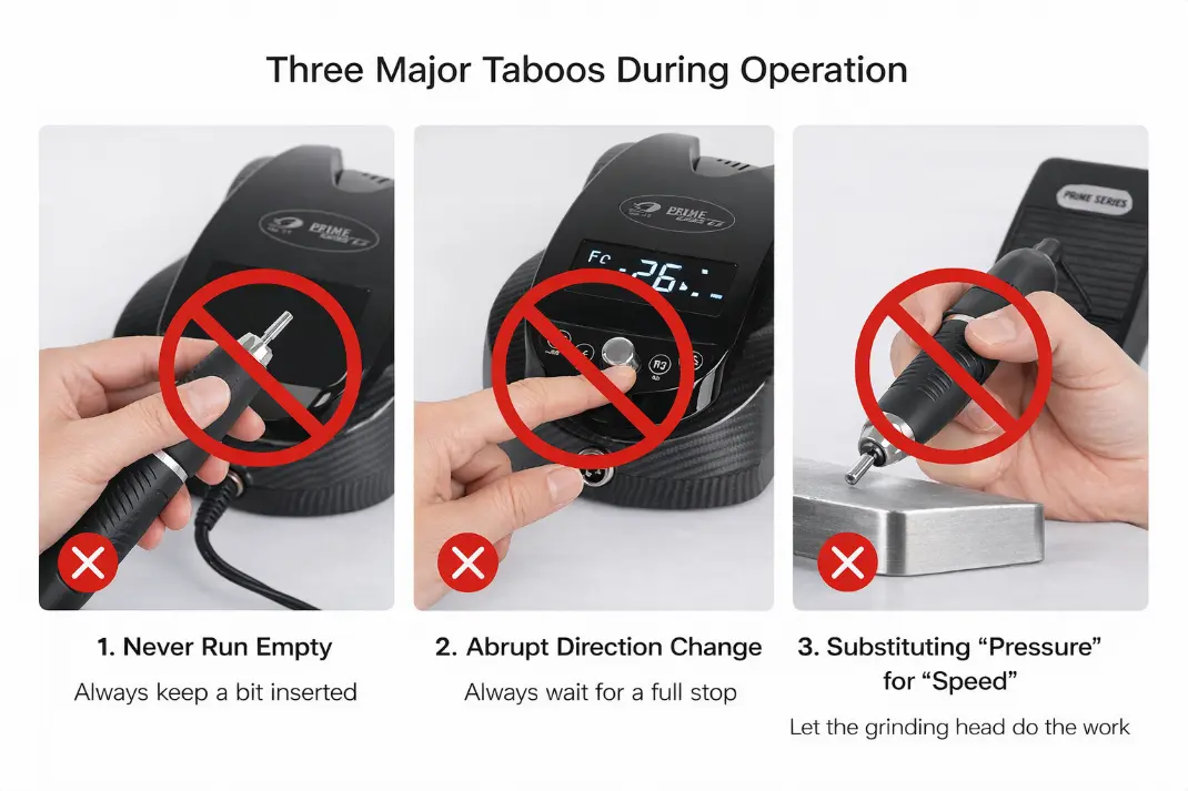 Three major taboos: never run empty, avoid abrupt direction changes, and don't use excessive pressure.