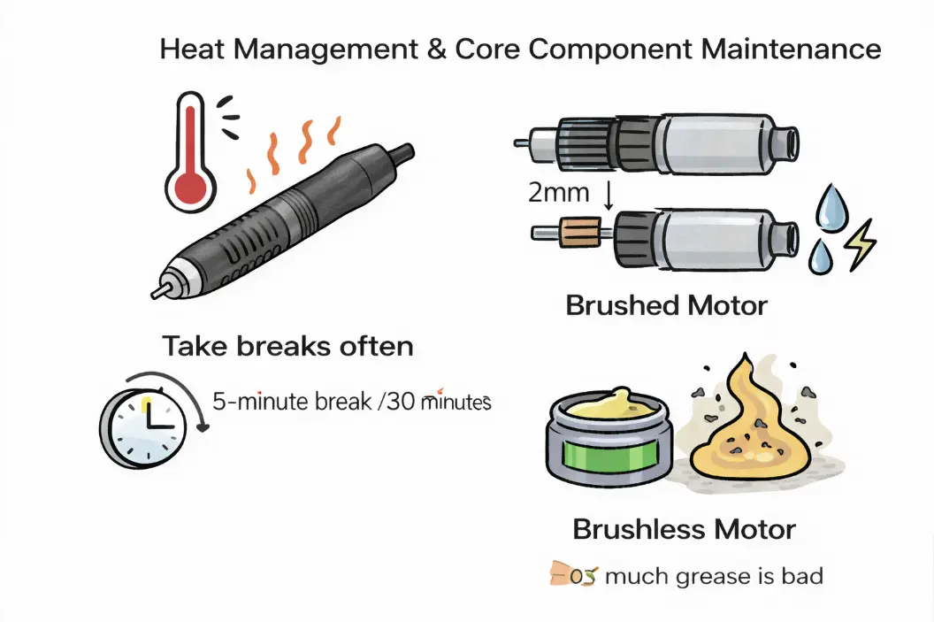 Heat management tips: take 5-minute breaks every 30 minutes and proper grease usage for motors.