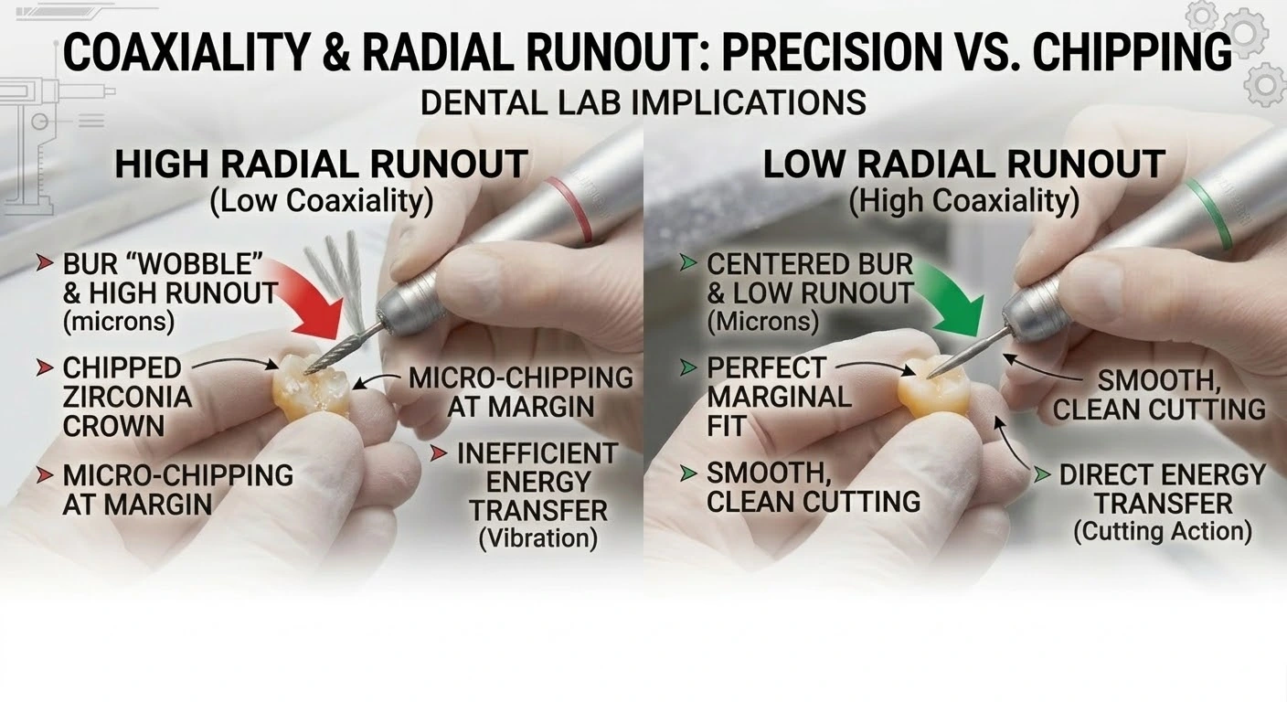 High vs low radial runout effects on zirconia crowns, highlighting precision cutting vs marginal micro-chipping.