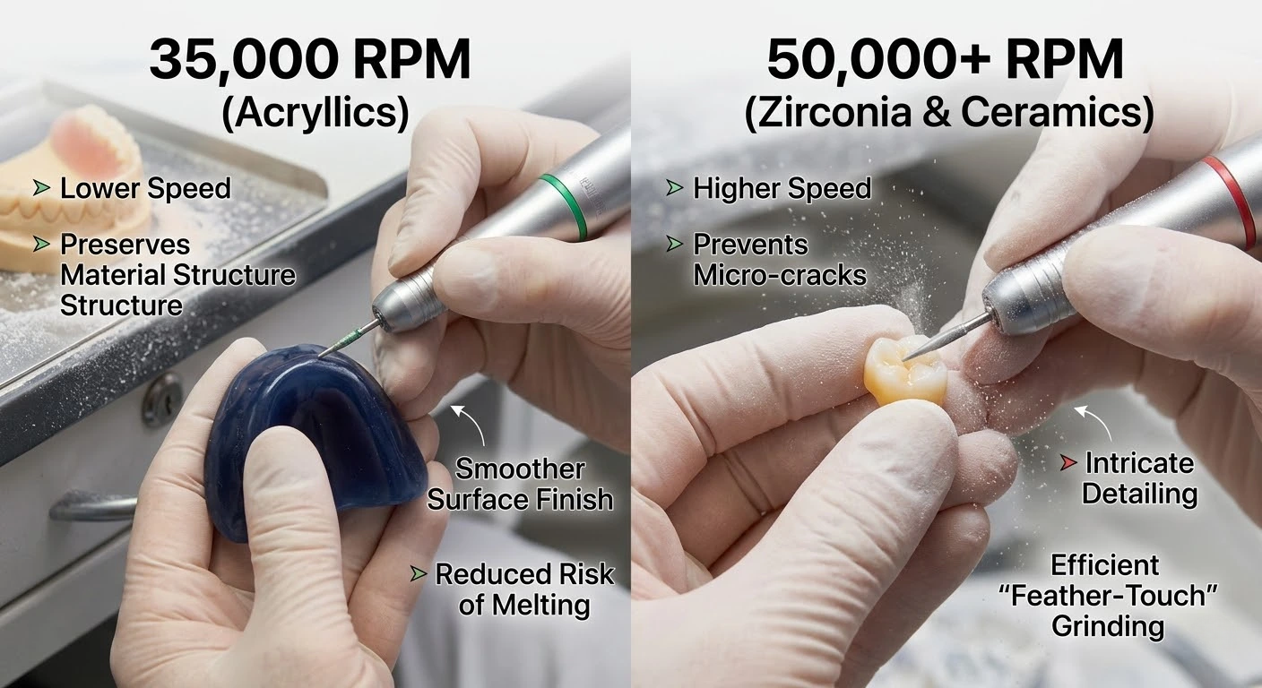Comparison of 35,000 RPM for acrylics vs 50,000+ RPM for zirconia to prevent micro-cracks and melting.