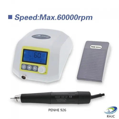 RHJC PENHE 926 micromotor system. Max 60,000 RPM speed. White control unit with blue LCD, handpiece, and foot pedal.