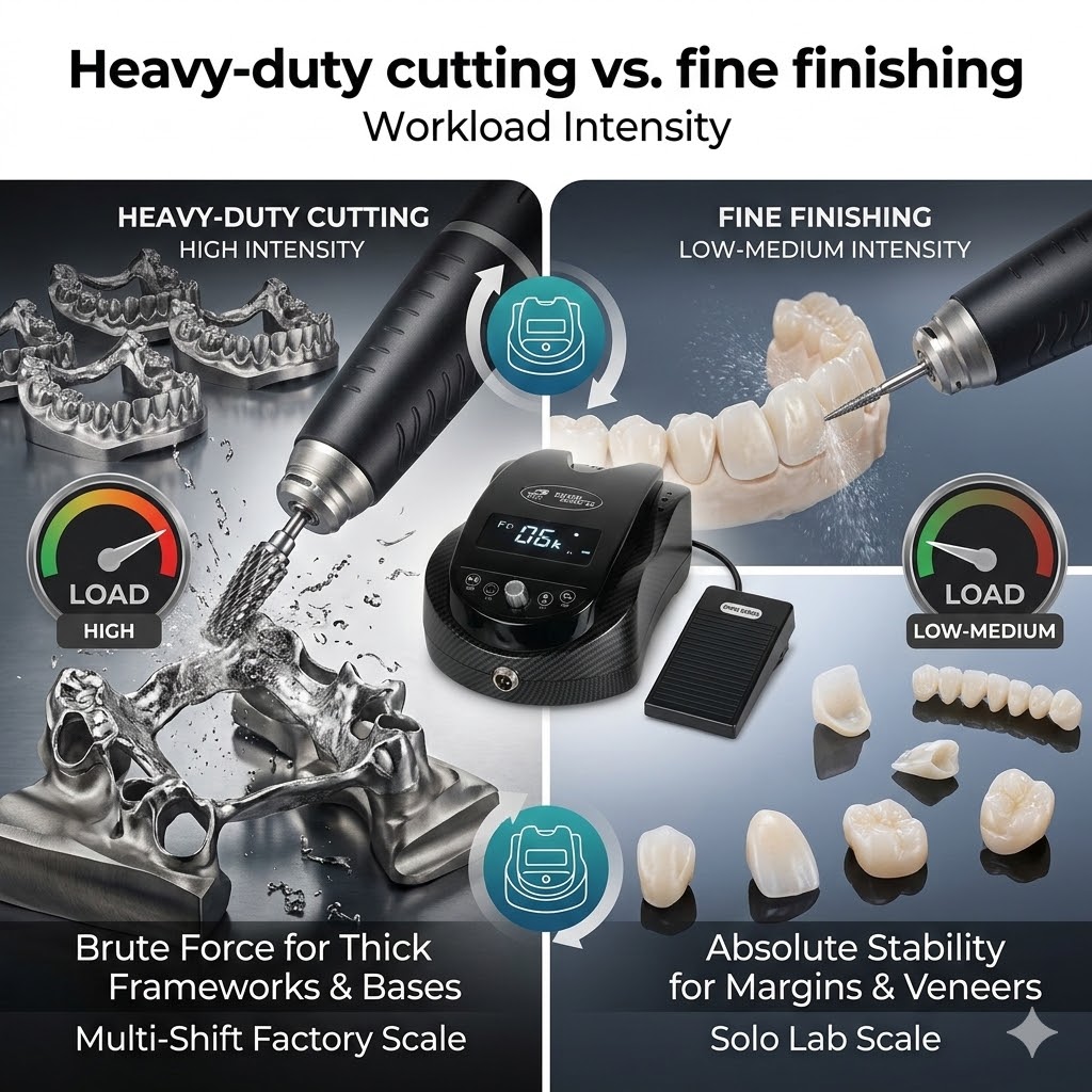 Comparison of dental micromotor use for heavy-duty framework cutting versus fine finishing of margins and veneers.