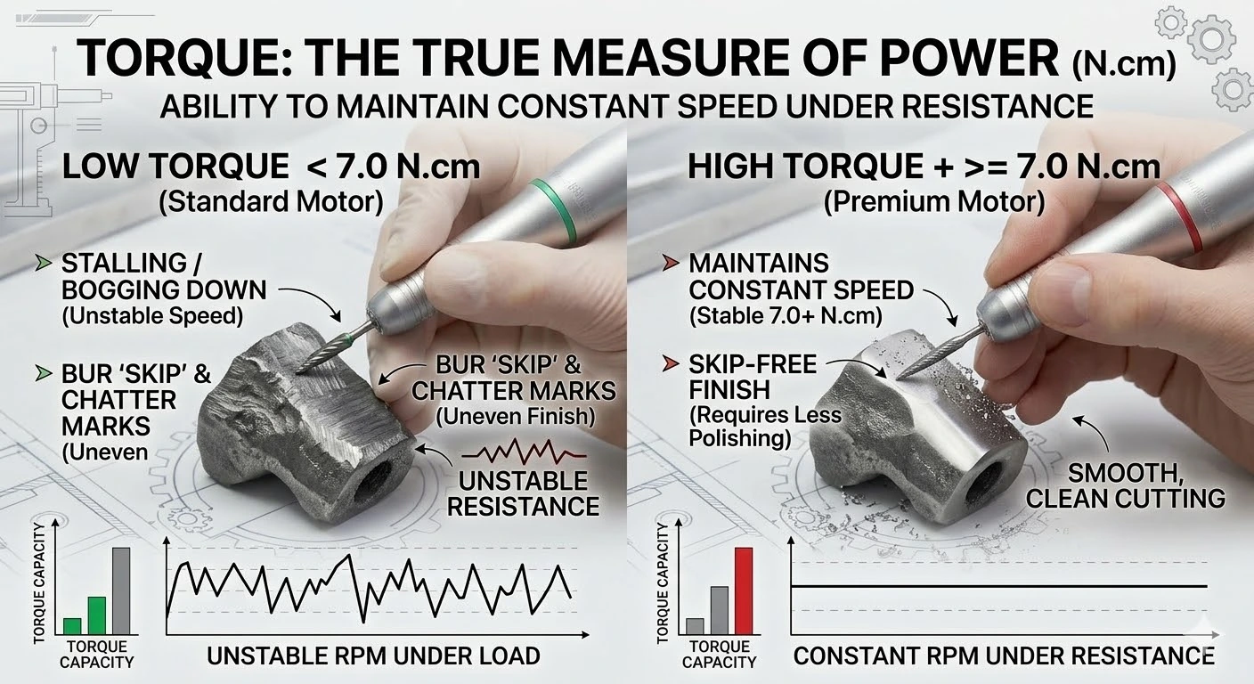 High torque vs low torque comparison showing constant RPM under resistance for a skip-free finish on metal.