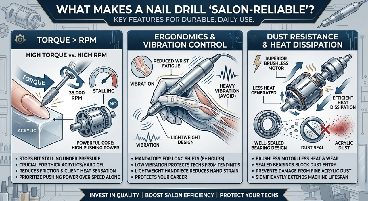 Guide to durable, daily-use nail drills, emphasizing pushing power, low vibration, and brushless motor benefits.