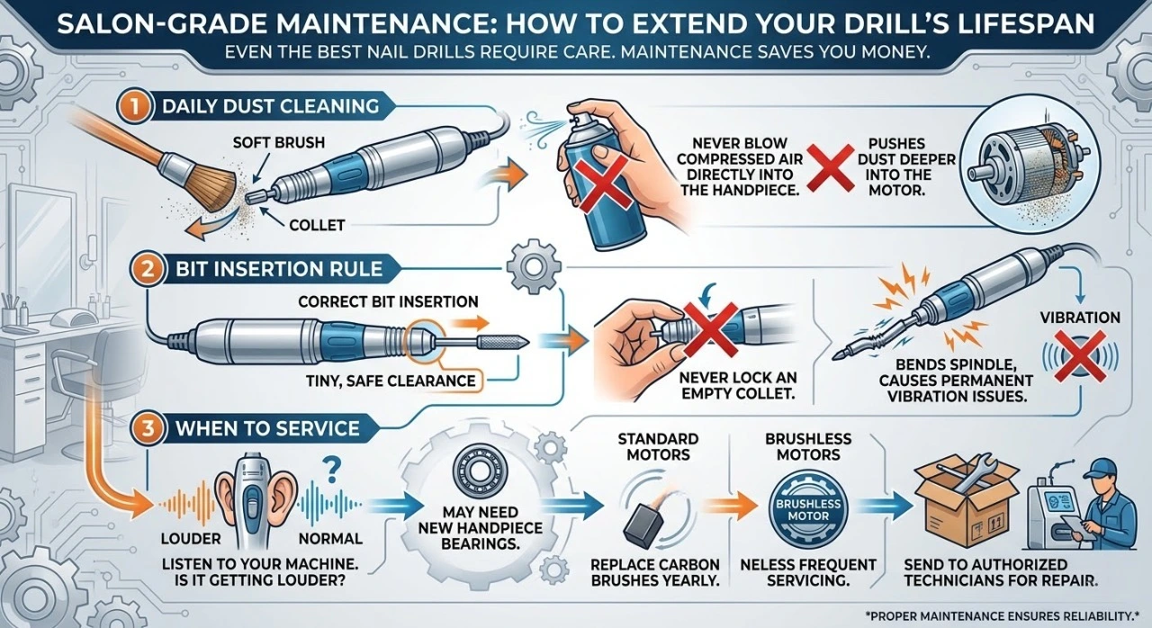 Guide to extending nail drill lifespan with daily dust cleaning, bit insertion rules, servicing indicators, and motor care.
