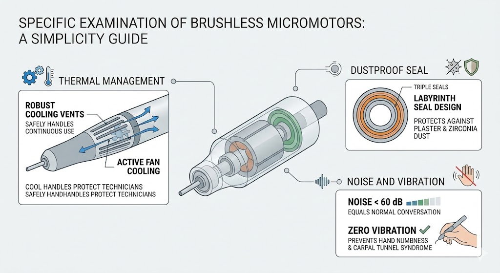 Technical guide for brushless micromotors featuring active cooling vents, labyrinth dust seals, and low noise levels.