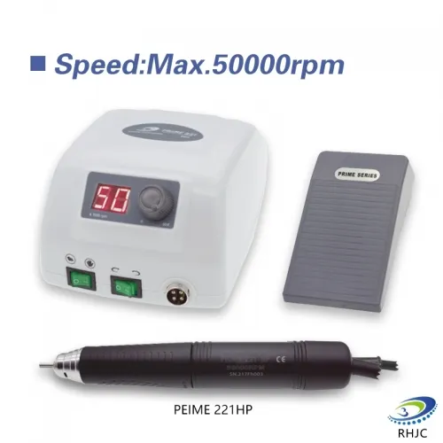 RHJC PEIME 221HP micromotor kit. Max 50,000 RPM speed. White control box with LED display, handpiece, and foot pedal.