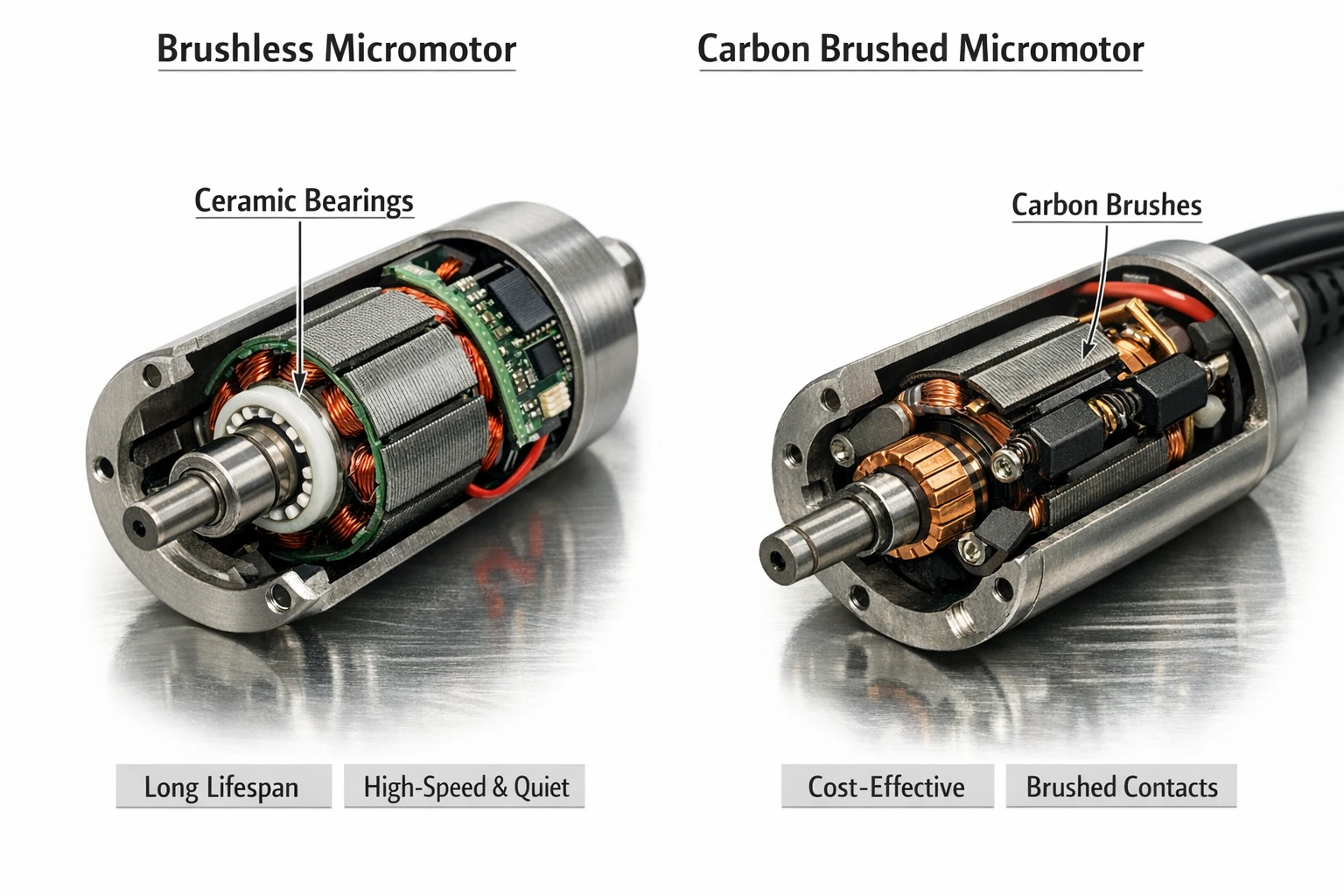 3D cutaway comparing internal structures of a brushless micromotor and a carbon brushed micromotor.