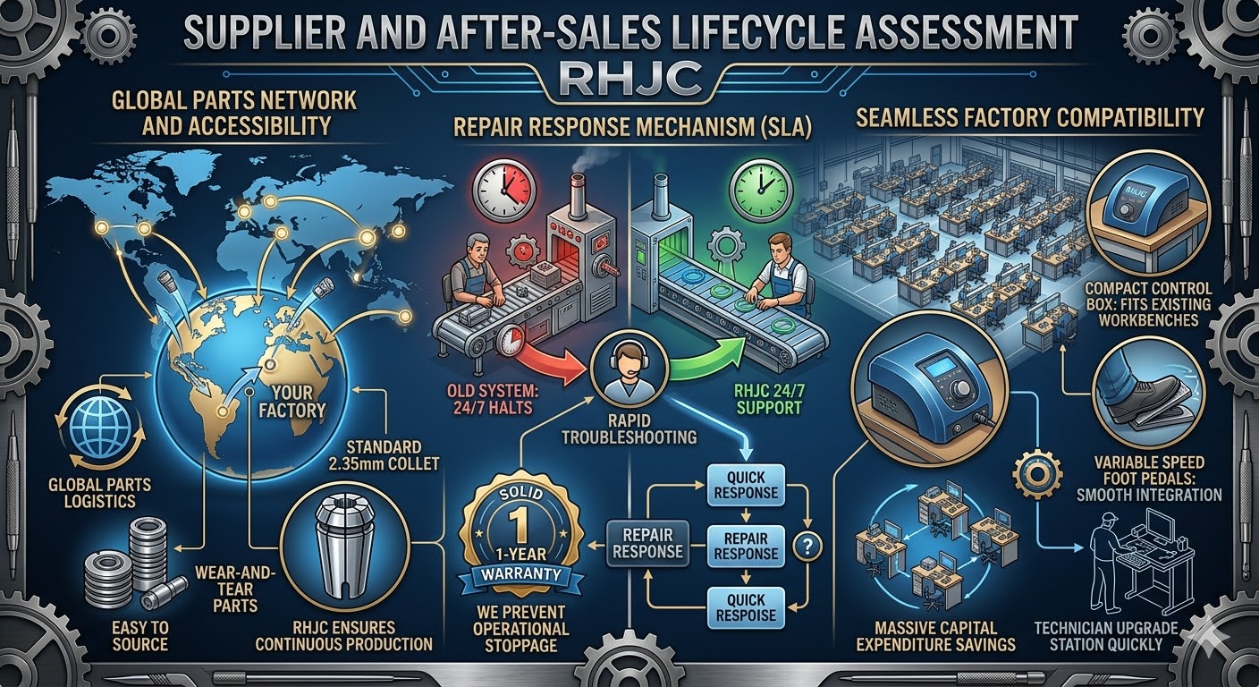 Infographic detailing RHJC supplier after-sales support, global parts logistics, 24/7 repair SLA, and 1-year warranty.