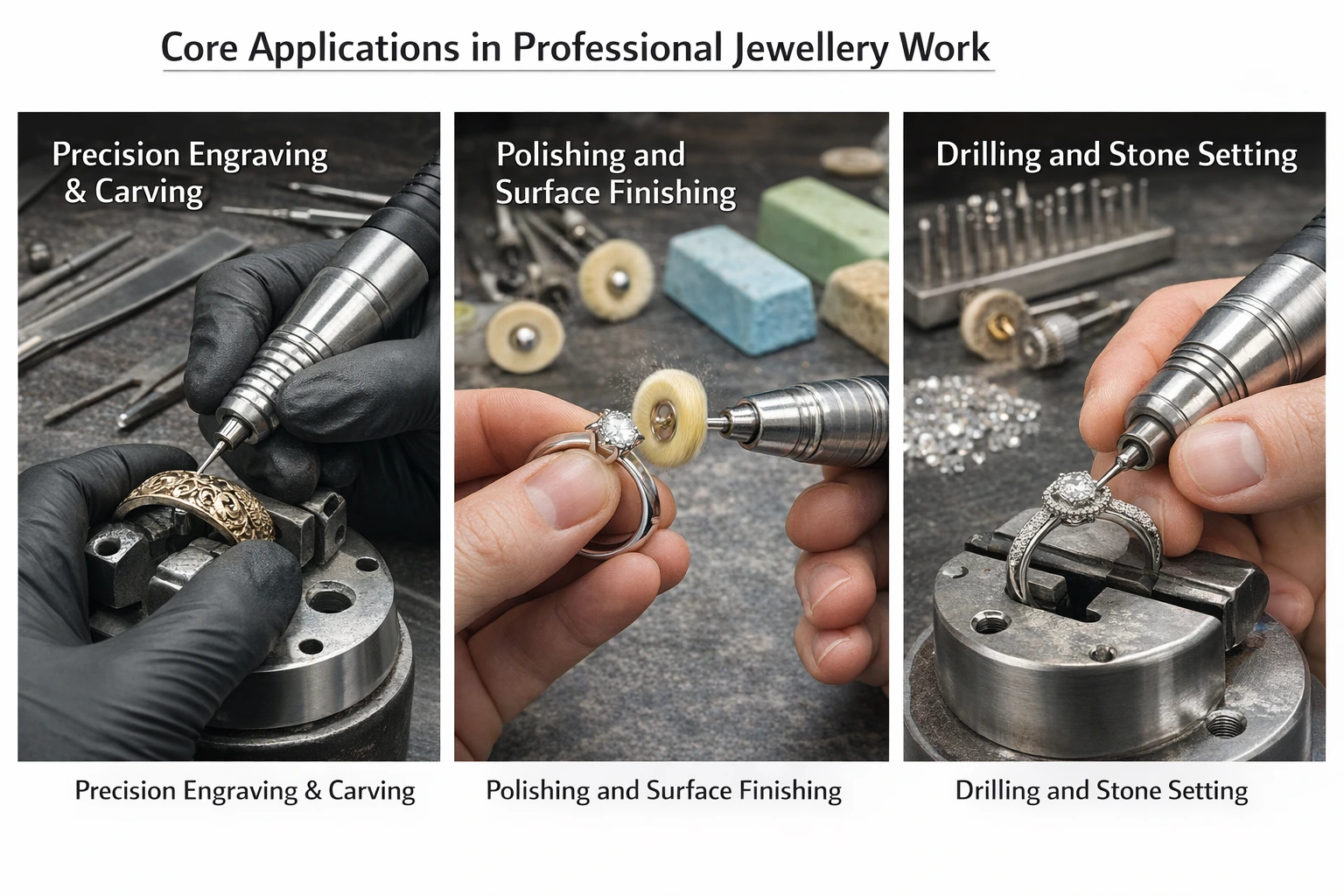 Three micromotor uses in jewelry: precision engraving, surface polishing, and drilling for stone setting.