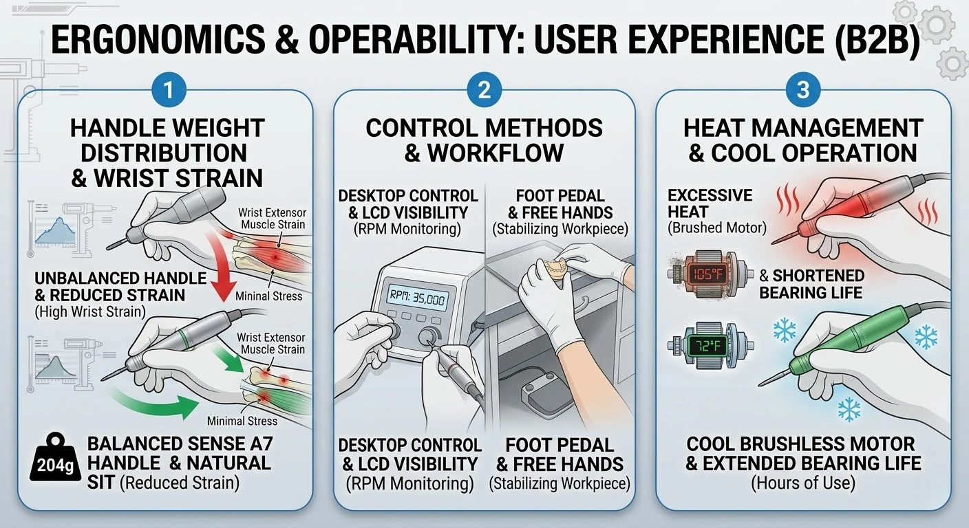 Dental handpiece ergonomics: balanced weight to reduce wrist strain and brushless motor for cool operation.
