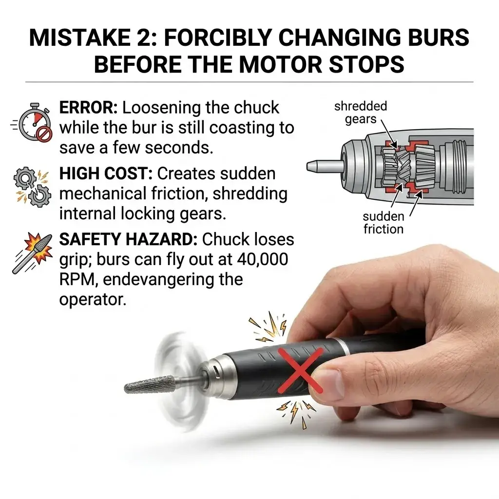 Illustration showing internal gear damage when changing burs while the micromotor is still spinning.