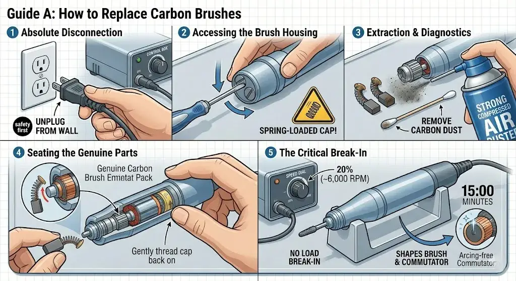 Step-by-step guide for replacing carbon brushes, including disconnection, housing access, and the critical break-in.