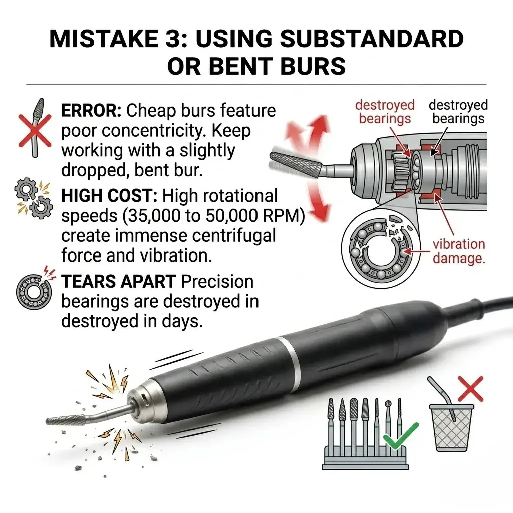 Diagram showing how bent or cheap burs destroy precision bearings through excessive vibration and centrifugal force.