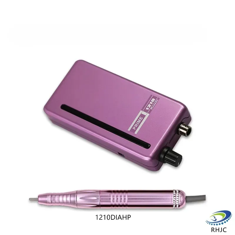 RHJC Prime 1210 portable micromotor nail drill in metallic pink with precision handpiece.