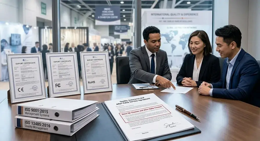 CE, FCC, RoHS export certificates and ISO quality management systems for international B2B equipment supply.