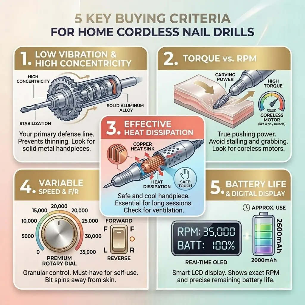 Infographic detailing 5 buying criteria for cordless nail drills: concentricity, torque, heat dissipation, speed, and battery.
