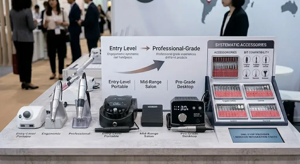 Display of entry-level, mid-range, and pro-grade desktop nail drills with systematic accessories and bits.