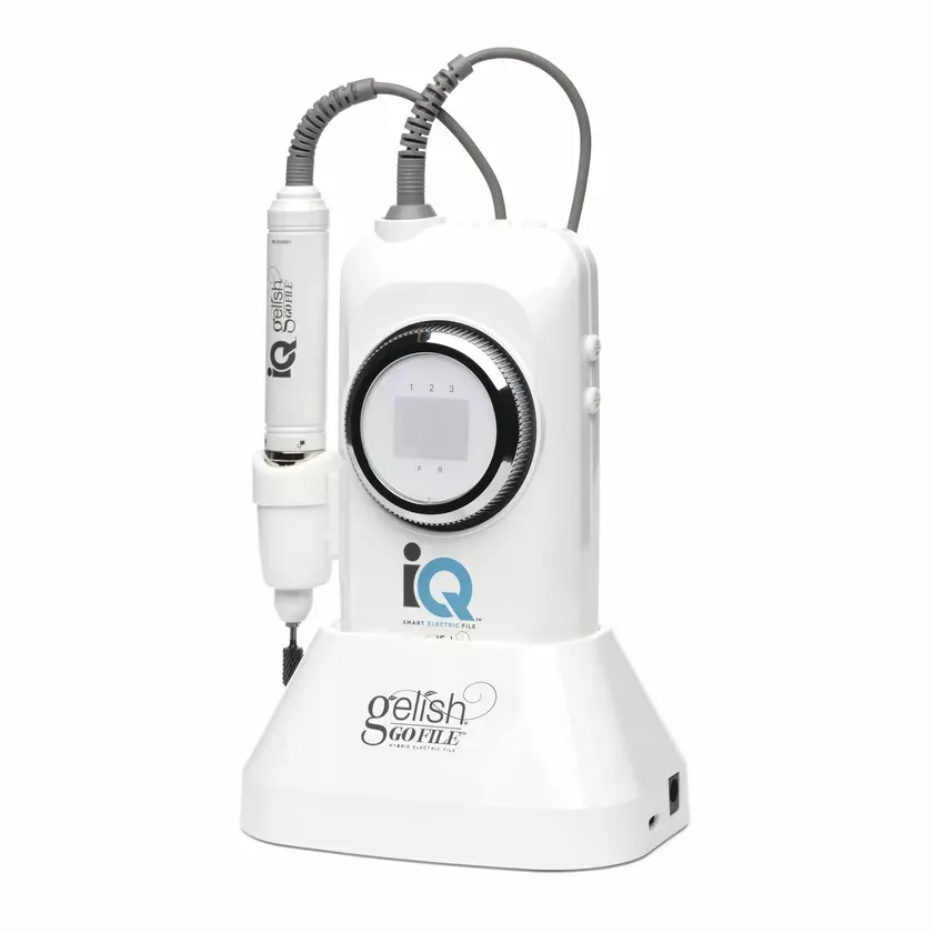 Gelish Go File iQ smart electric nail file with portable charging base for professional manicures.