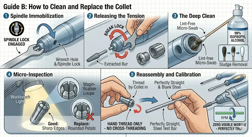 Instructions for cleaning and replacing a micromotor collet using isopropyl alcohol and a spindle lock wrench.