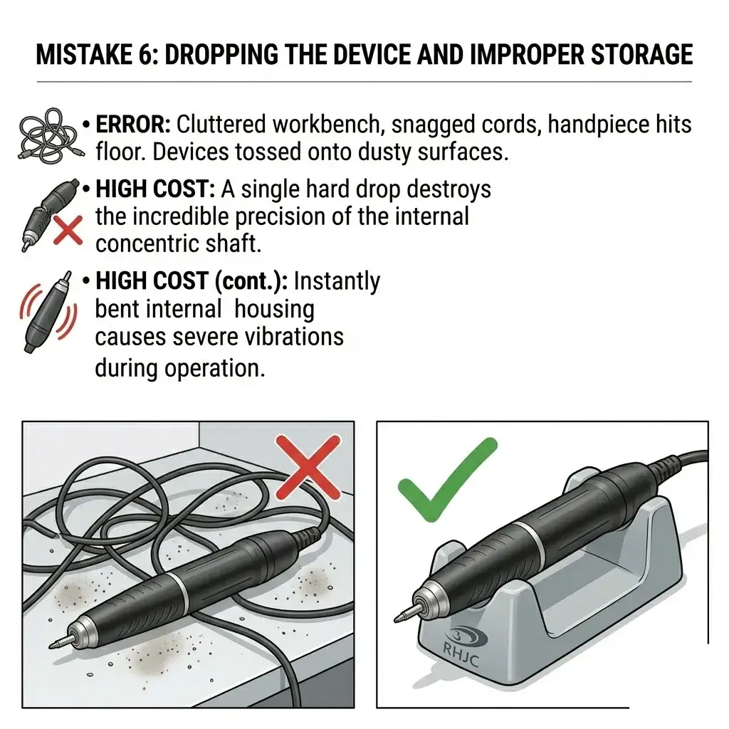 Proper vs. improper storage of a micromotor handpiece, emphasizing the use of a stand to prevent drops.