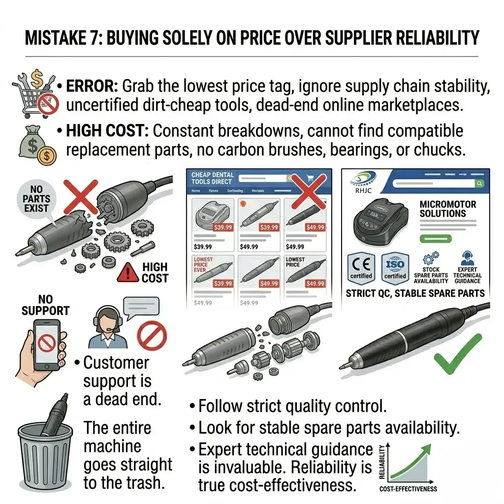 Infographic comparing cheap, unsupported tools with reliable suppliers that offer spare parts and guidance.