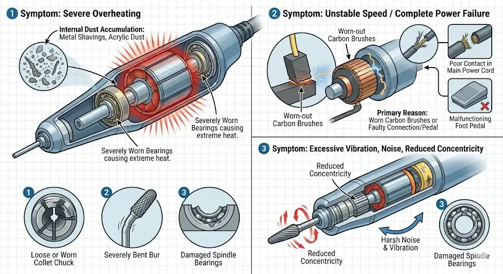 Diagnostic matrix showing overheating causes, worn carbon brushes, unstable speed, and vibration in micromotor handpieces.