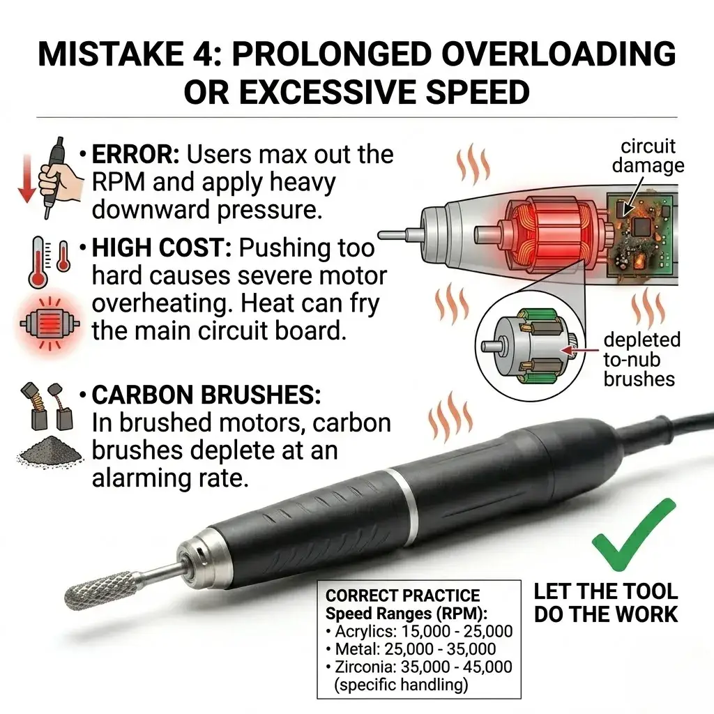 Visual warning against excessive pressure and speed, which overheats motors and depletes carbon brushes.