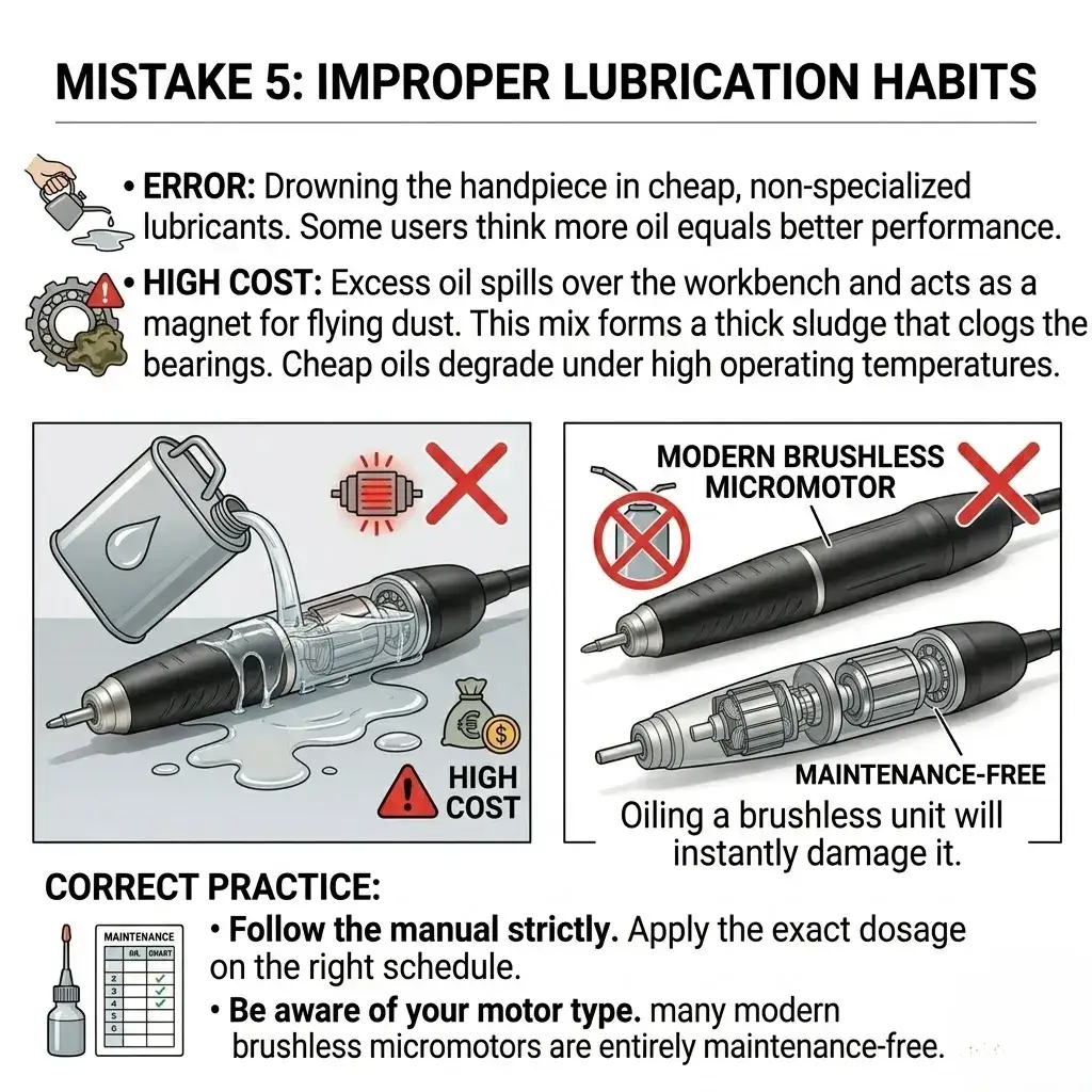 Comparison showing that over-oiling damages units and modern brushless motors are maintenance-free.