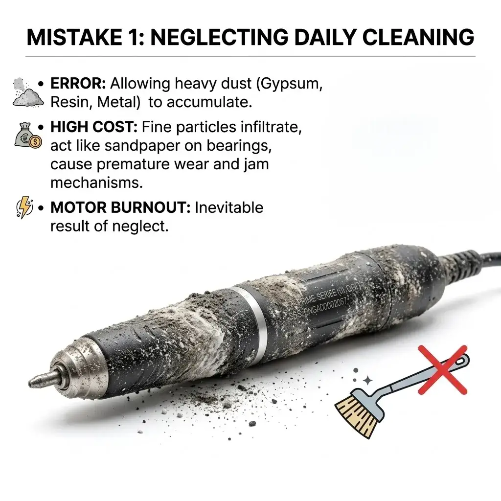 A dust-covered micromotor handpiece showing the importance of daily cleaning to prevent motor burnout.