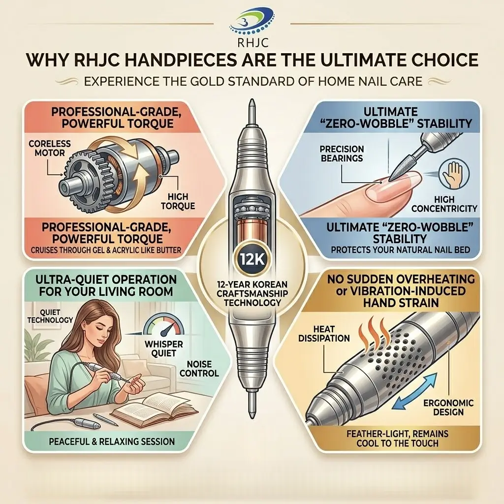 Infographic highlighting RHJC nail drill features: high torque, zero-wobble stability, quiet operation, and heat dissipation.