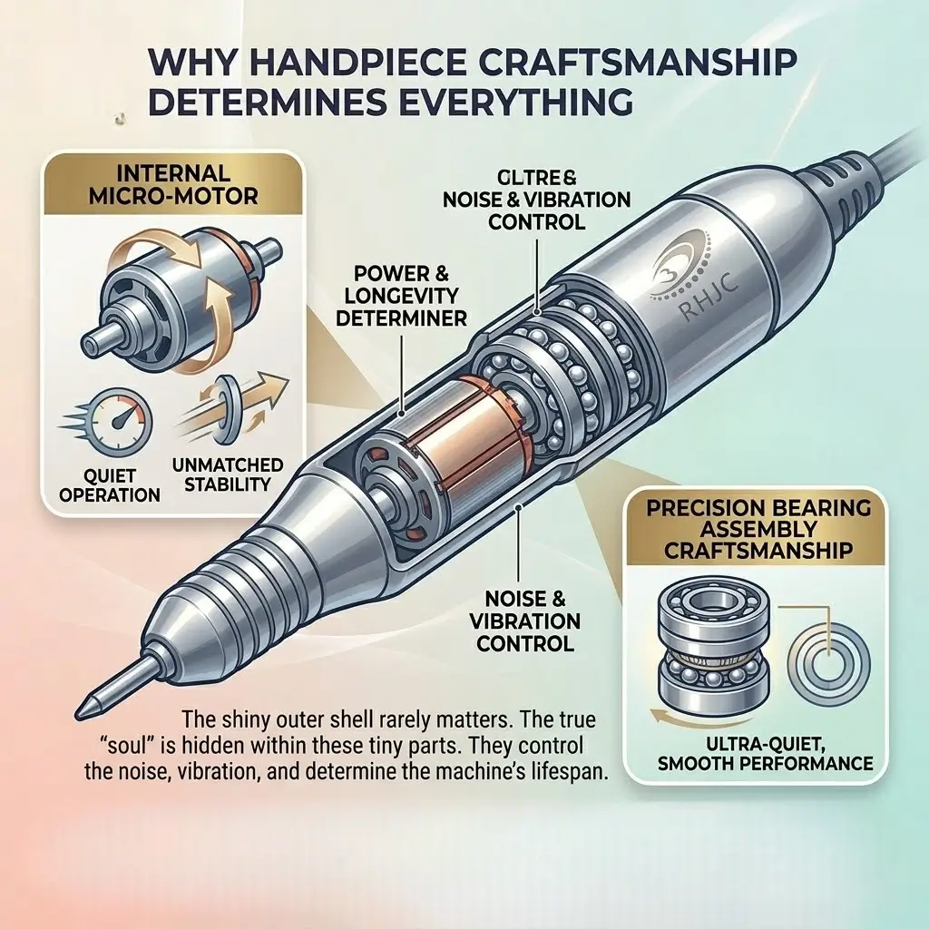 Diagram of an RHJC nail drill handpiece showing internal components like the micro-motor and precision bearing assembly.