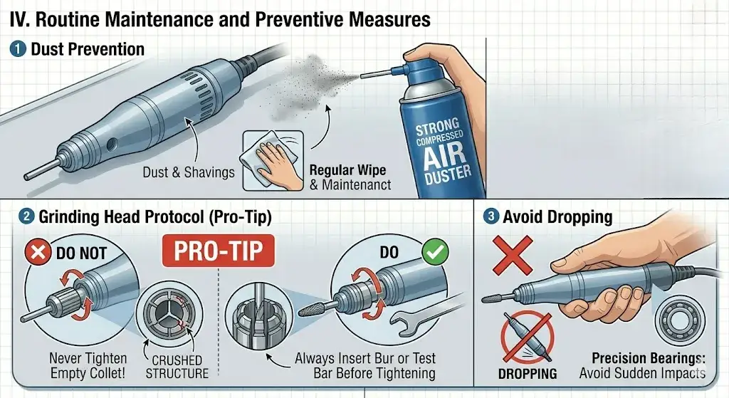 Maintenance tips for micromotors: dust prevention, avoiding empty collet tightening, and protecting precision bearings.