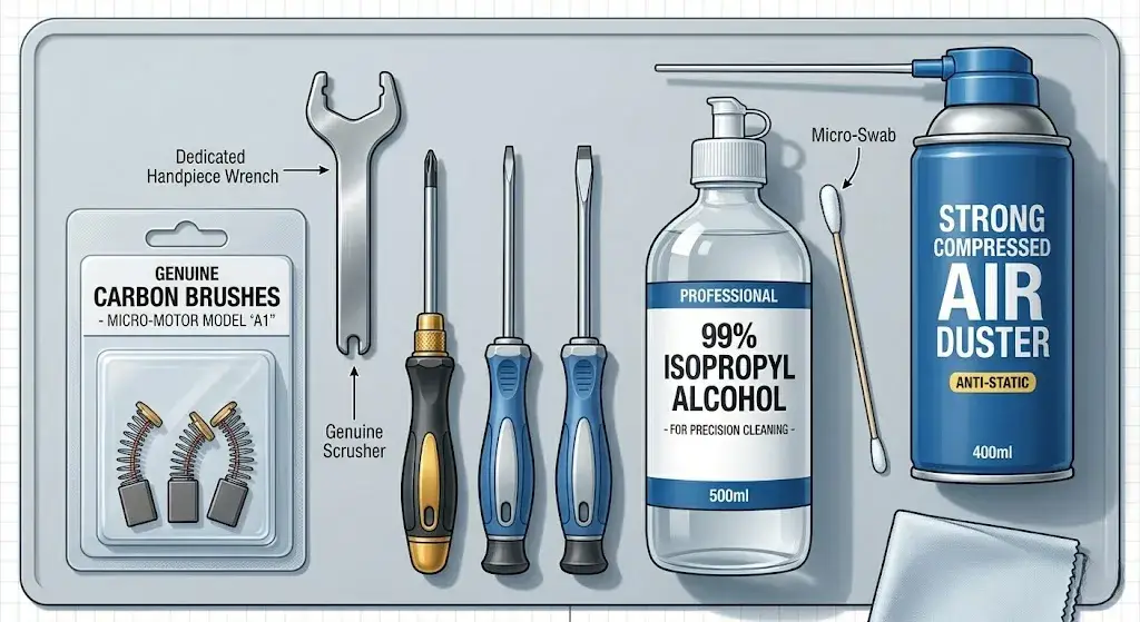 Repair kit including genuine carbon brushes, handpiece wrench, screwdrivers, 99% isopropyl alcohol, and air duster.