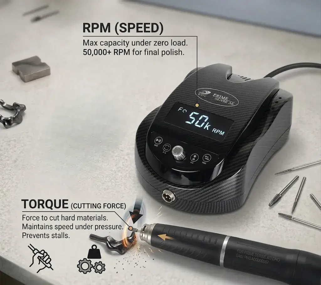 Technical infographic explaining the relationship between RPM speed and cutting force torque in dental micromotors.