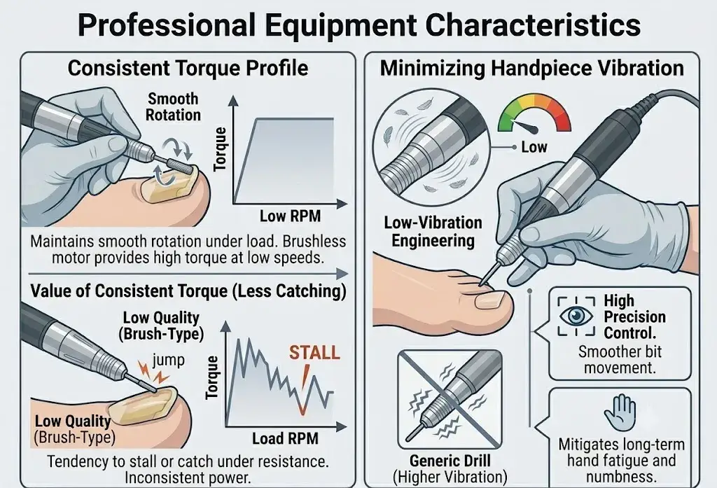 Safety chart detailing heat awareness, dust management, and instrument processing for reusable vs single-use bits.