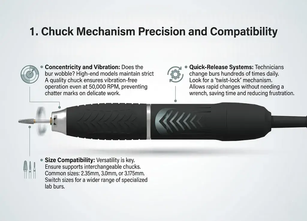 Infographic explaining chuck concentricity, twist-lock quick-release systems, and interchangeable bur sizes.
