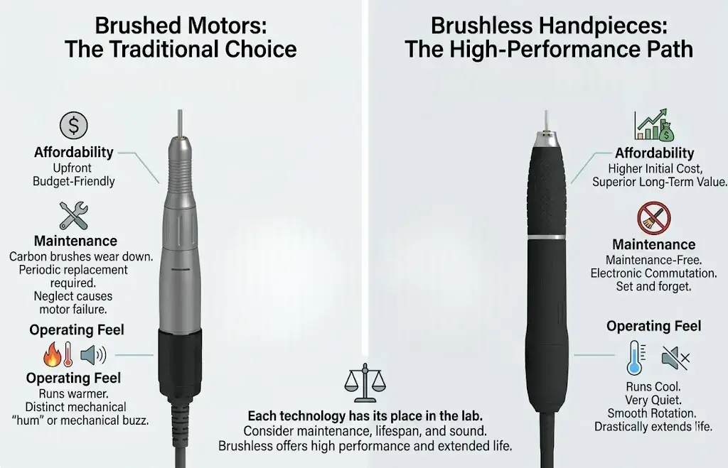 Comparison chart between traditional brushed motors and high-performance brushless dental handpieces.