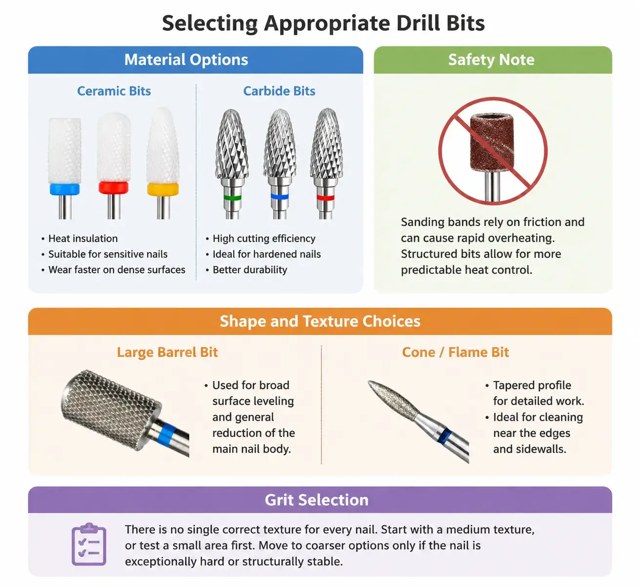 Comparison guide for ceramic and carbide drill bits, highlighting shapes, textures, and safety notes for nail care.