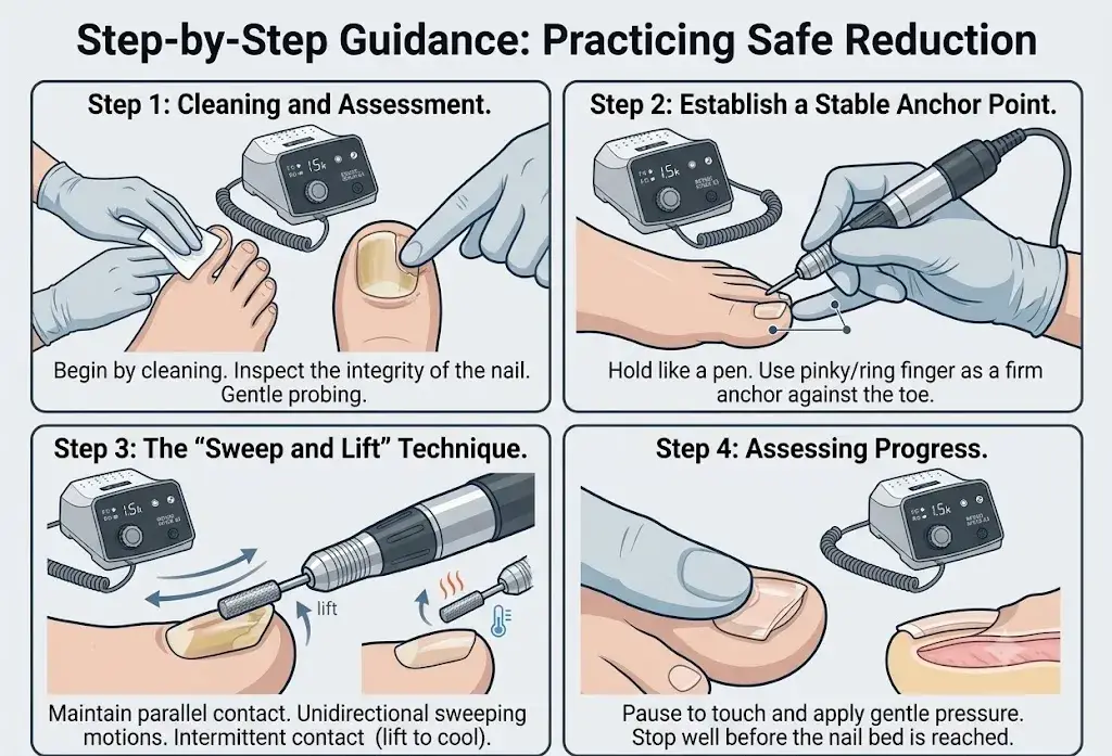 Four-step diagram illustrating cleaning, anchoring, the sweep and lift technique, and assessing progress on nails.
