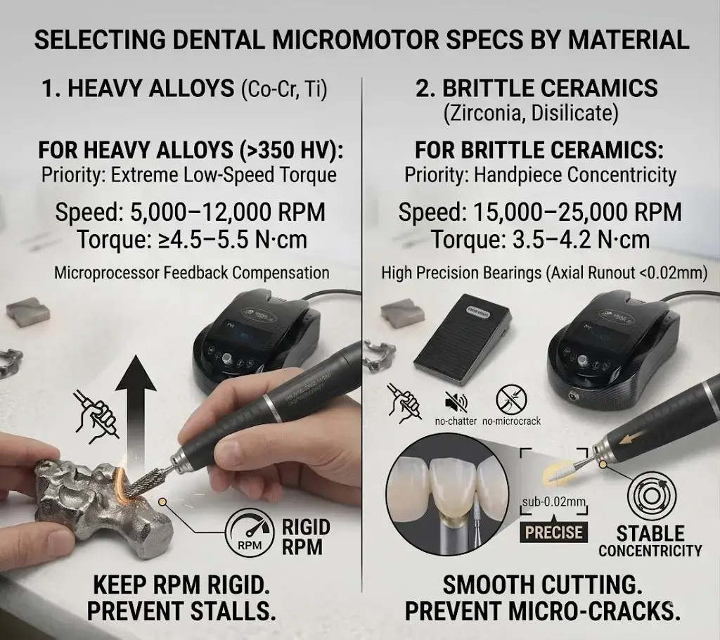 Chart detailing specific RPM and torque settings required for heavy alloys versus brittle ceramic dental materials.