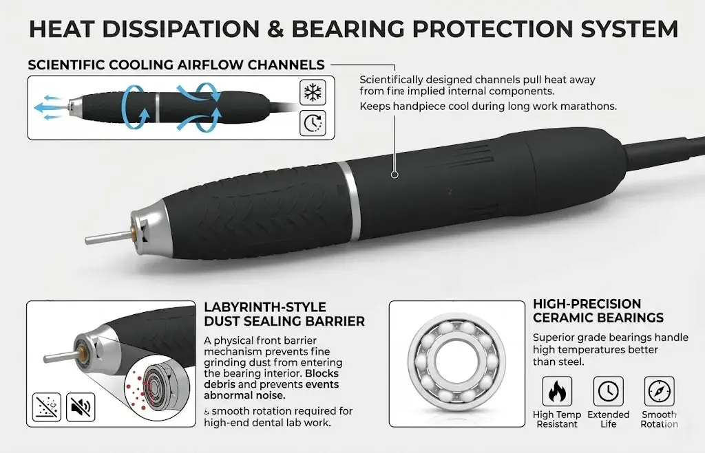 Technical guide to cooling airflow channels, dust sealing barriers, and high-precision ceramic bearings.